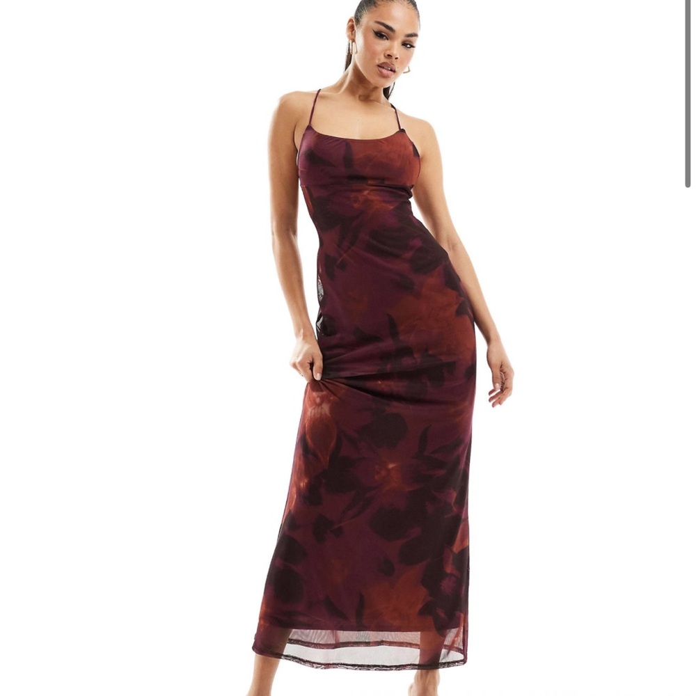 ASOS DESIGN mesh cami maxi dress with cross back in purple floral